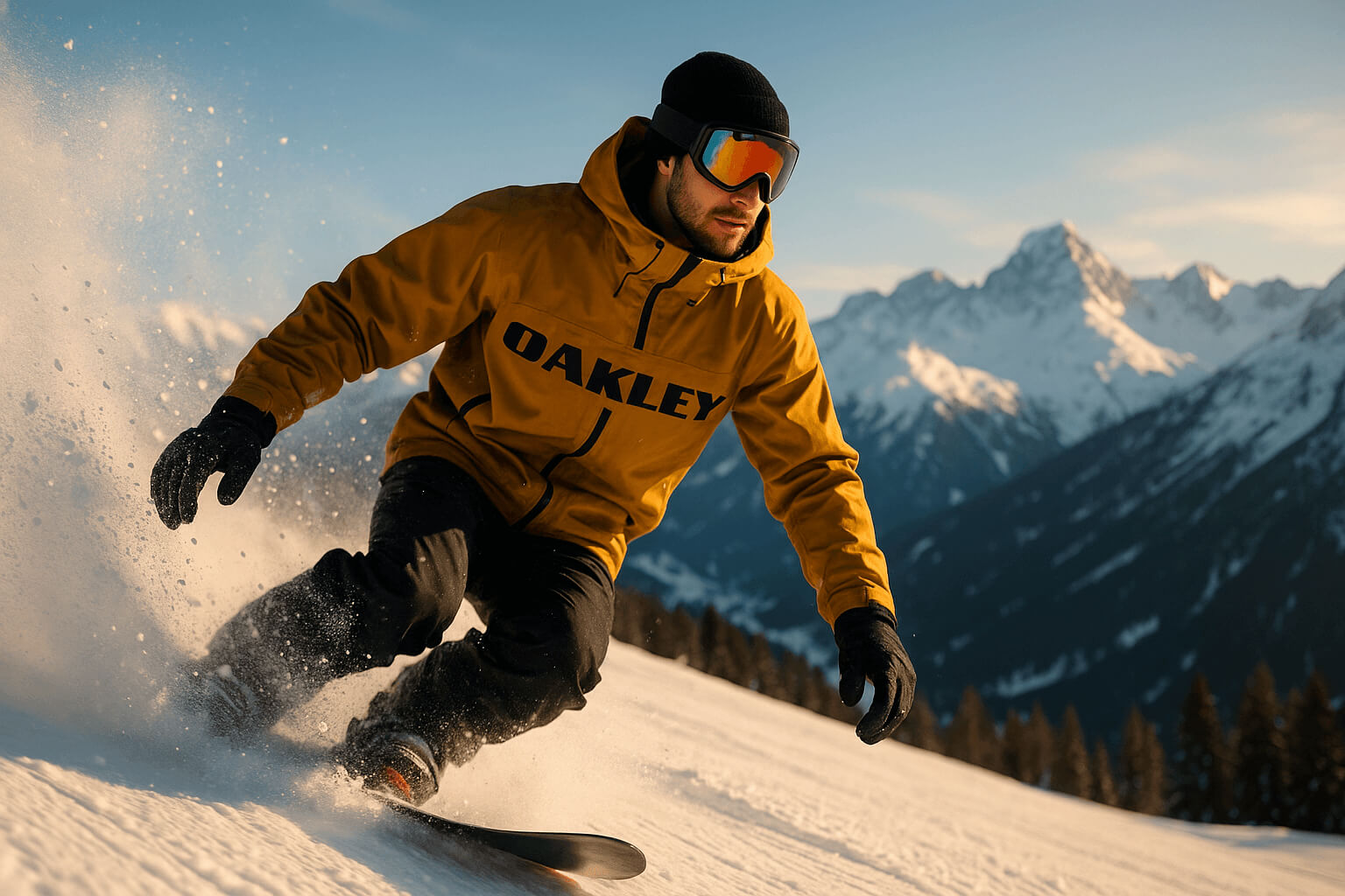 Сноубордист у жовтій куртці з написом OAKLEY та чорних штанах на засніженому схилі