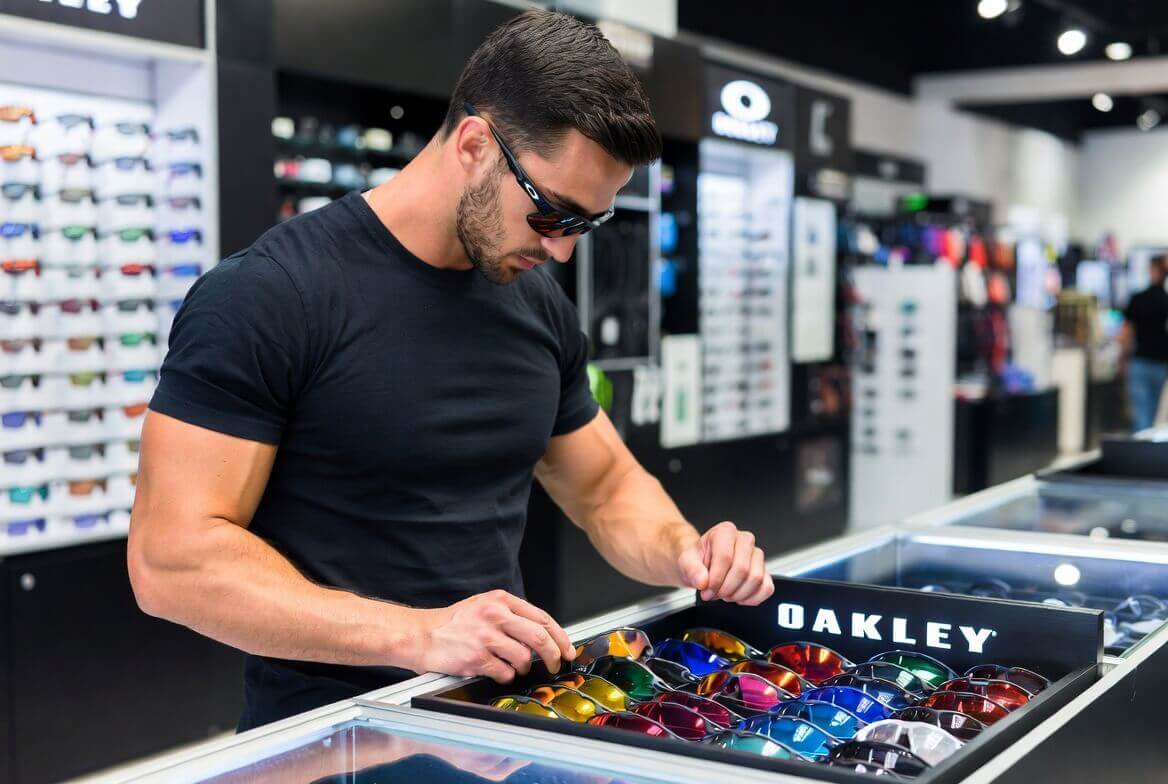 Чоловік у сонцезахисних окулярах біля вітрини з окулярами Oakley