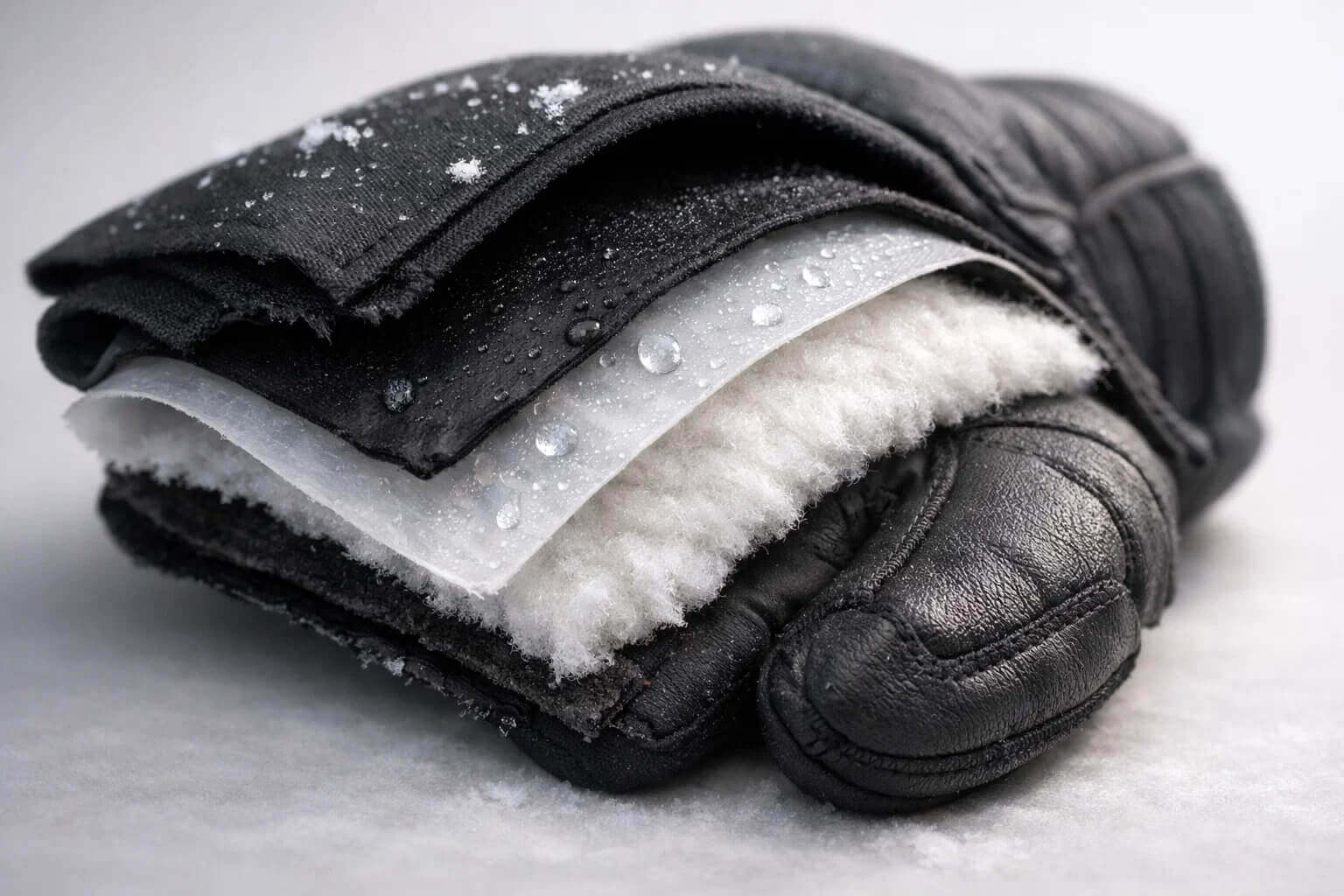 Розріз чоловічої рукавиці: зовнішня тканина, мембрана Gore-Tex або 10 000/15 000, утеплювач і посилена долоня — щоб руки залишались сухими й теплими