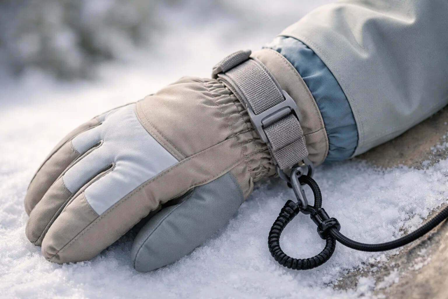 Дитяча рукавиця з лішем та регулюванням на зап’ясті: видно, як ремінець утримує рукавицю, а манжета перекриває рукав куртки